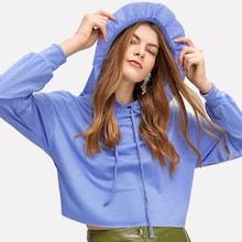 Romwe Drop Shoulder Ruffle Trim Drawstring Hoodie