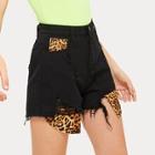 Romwe Contrast Leopard Print Ripped Denim Shorts