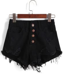 Romwe Single-breasted Ripped Fray Hem Denim Shorts