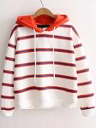 Romwe Red Striped Hooded Casual Sweatshirt