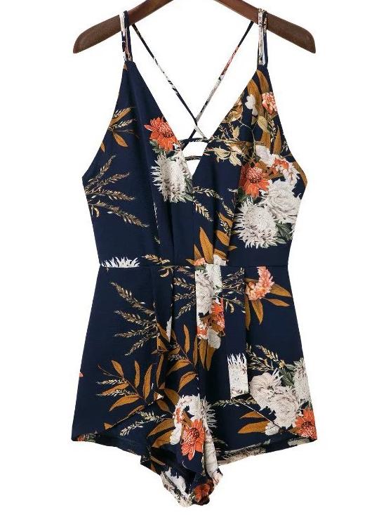 Romwe Floral Criss Cross Back Playsuit