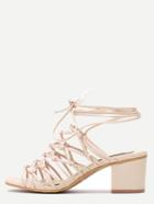 Romwe Beige Square Peep Toe Knotted Lace-up Chunky Sandals