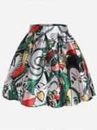 Romwe Multicolor Graffiti Print Pleated Flare Skirt