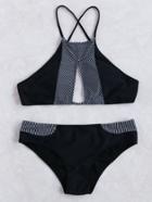 Romwe Black Striped Detail Keyhole Bikini Set