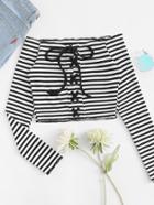 Romwe Off Shoulder Striped Lace Up Tee
