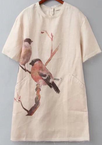 Romwe Beige Short Sleeve Bird Print Loose Dress