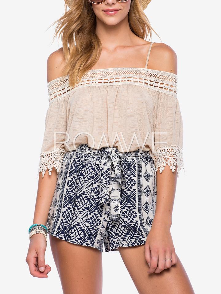 Romwe Apricot Off The Shoulder With Lace Blouse