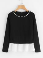 Romwe Pearl Beading Neck Contrast Trim Top