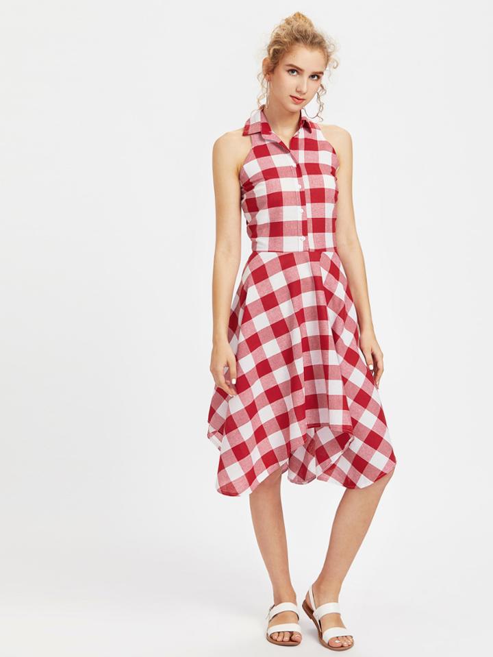 Romwe Checkered Hanky Hem Shirt Dress