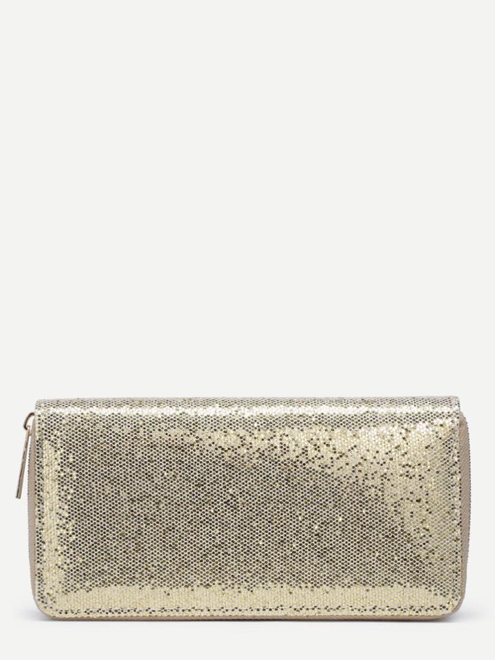 Romwe Sequin Decorated Zipper Around Pu Wallet