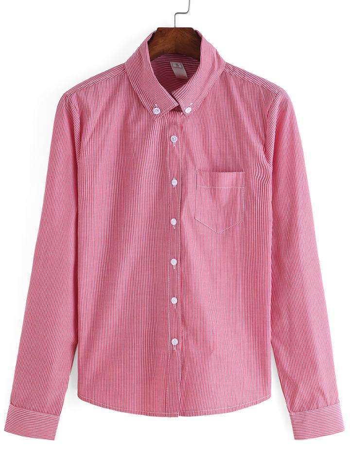 Romwe Lapel Vertical Striped Red Blouse