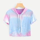 Romwe Tie Dye Hooded Crop Tee