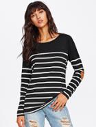 Romwe Elbow Patch Striped Tee