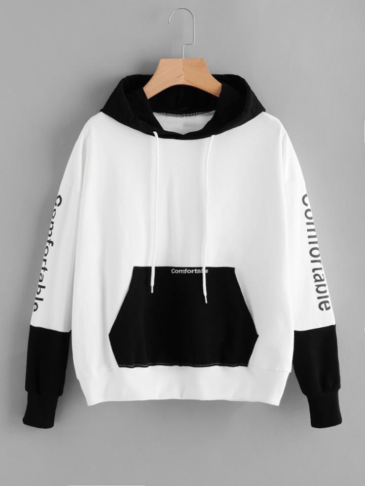Romwe Letter Embroidered Kangaroo Pocket Color Block Hoodie