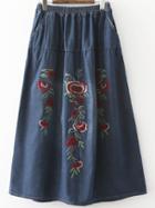 Romwe Flower Embroidered Blue Denim Skirt