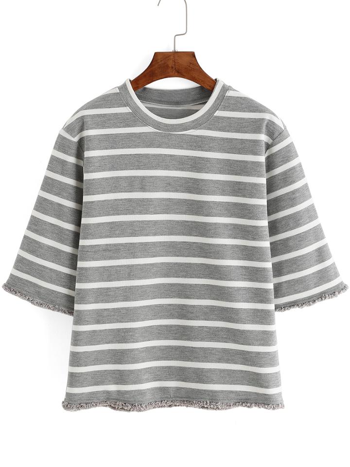 Romwe Striped Frayed Grey T-shirt