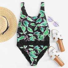 Romwe Open Back Leaf Print Swimsuit