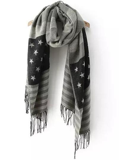 Romwe Striped Stars Print Black And Grey Scarf