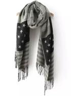 Romwe Striped Stars Print Black And Grey Scarf