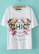Romwe White Short Sleeve Floral Chic Print T-shirt