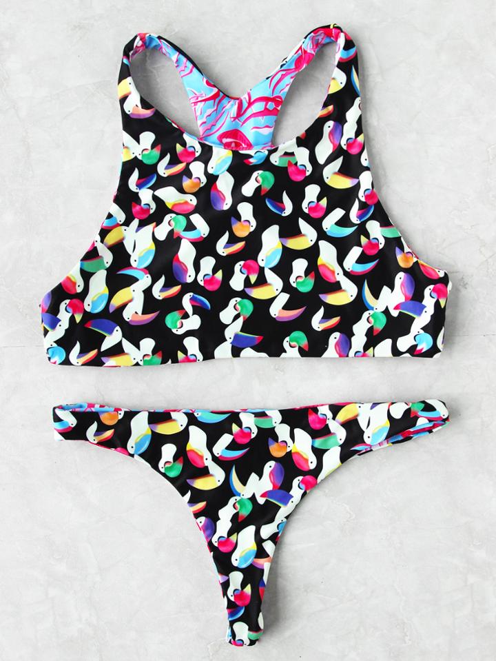 Romwe Bird Print Racer Back Reversible Bikini Set