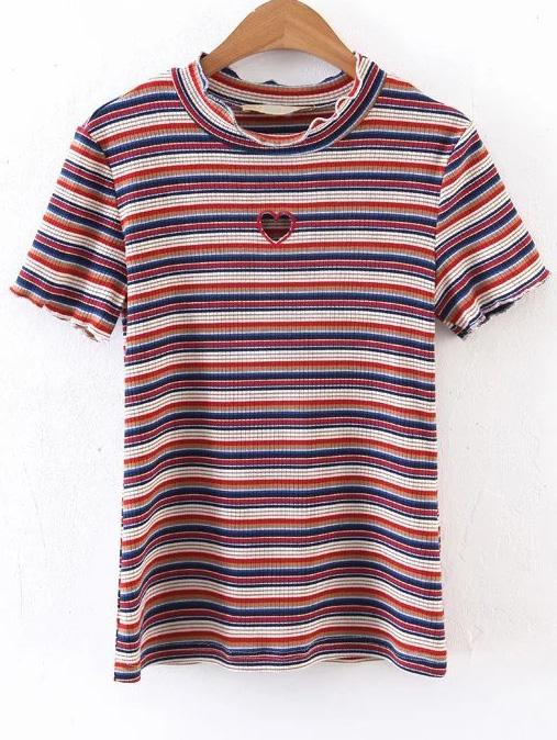 Romwe Multicolor Striped Cutout Detail Tee