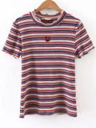 Romwe Multicolor Striped Cutout Detail Tee