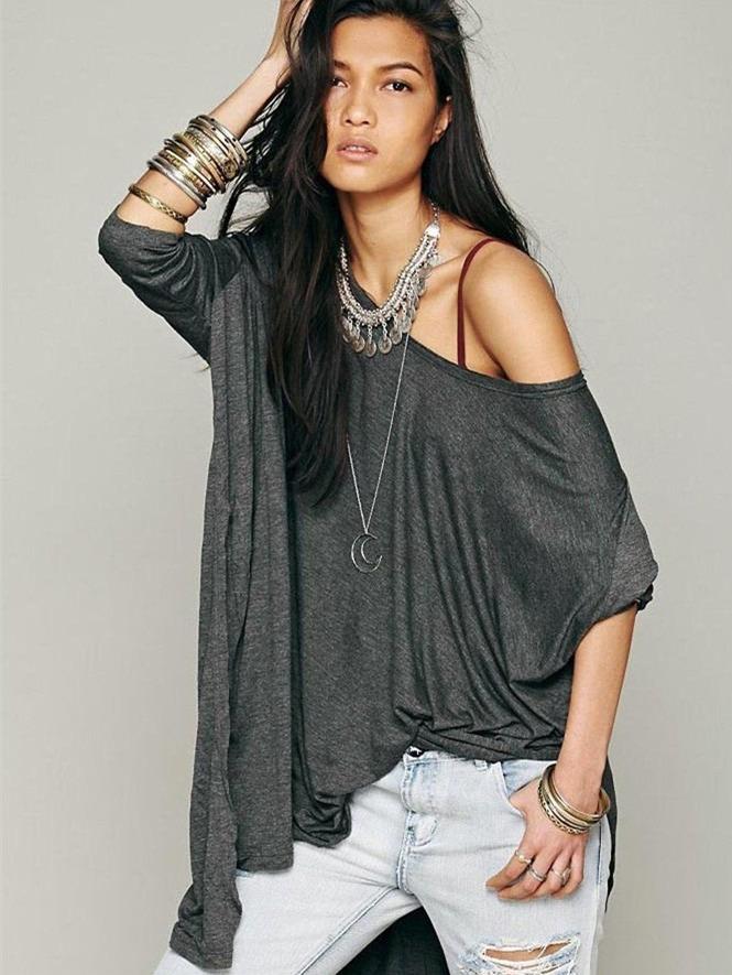 Romwe Dark Grey Long Sleeve Asymmetric Loose T-shirt