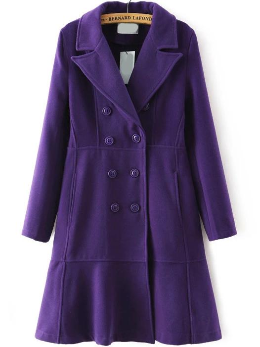 Romwe Lapel Double Breasted Long Purple Coat