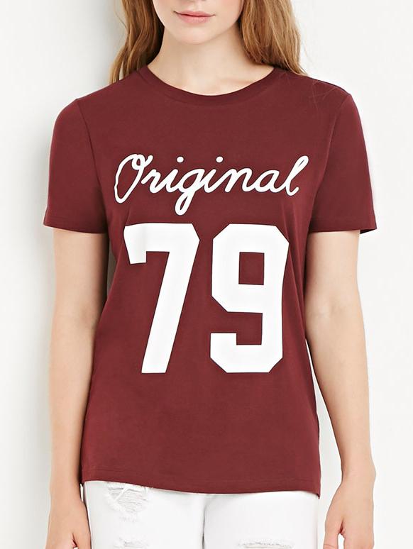 Romwe Burgundy Number Print T-shirt