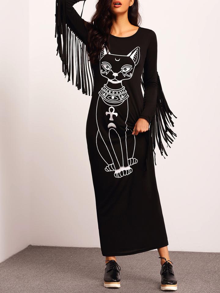 Romwe Black Round Neck Cat Print Tassel Dress