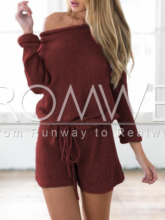 Romwe Wine Red Long Sleeve Lace Up Playsuit