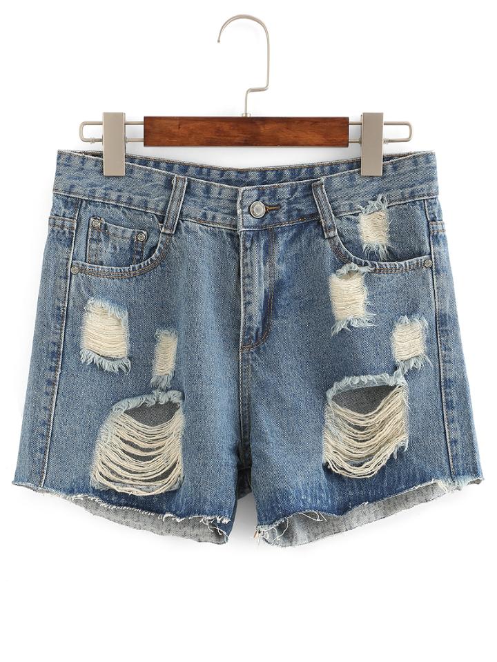 Romwe Ripped Raw Hem Denim Shorts