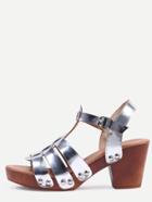Romwe Sliver Faux Leather Caged Wooden Heel Sandals