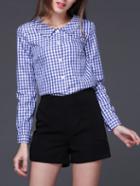 Romwe Blude Plaid Pointed Flat Collar Blouse