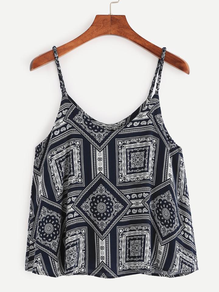 Romwe Navy Vintage Print Cami Top