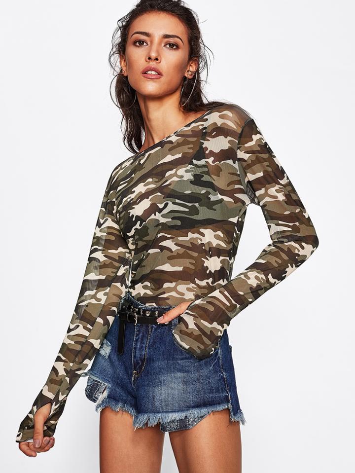 Romwe Camouflage Print Thumb Holes See-though T-shirt