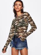 Romwe Camouflage Print Thumb Holes See-though T-shirt