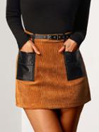 Romwe Contrast Pockets A-line Khaki Skirt With Belt