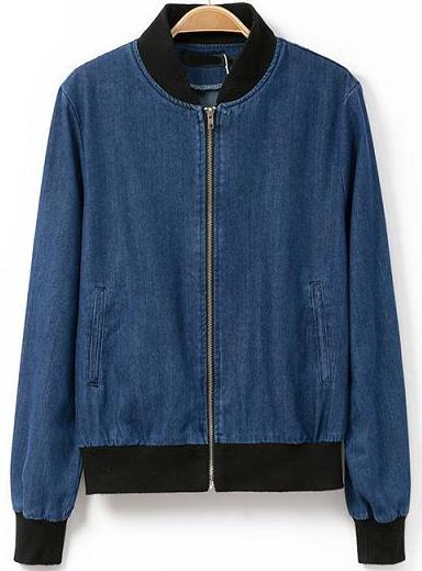 Romwe Stand Collar Zipper Denim Jacket