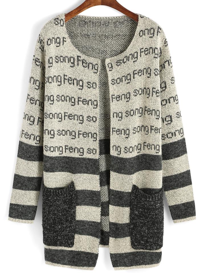 Romwe Letter Print Striped Pockets Coat