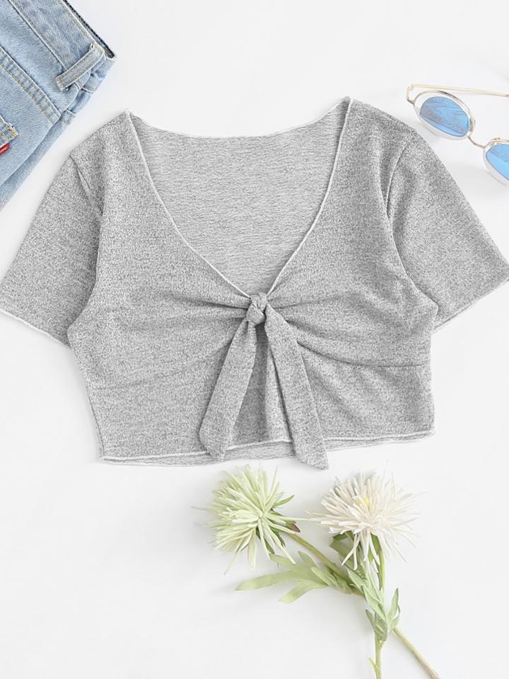 Romwe Deep V Neckline Knot Front Crop Tee