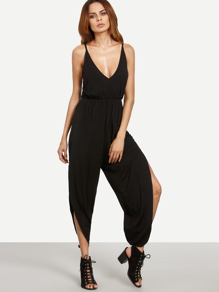 Romwe Black V Neck Crisscross Back Sleeveless Split Jumpsuit