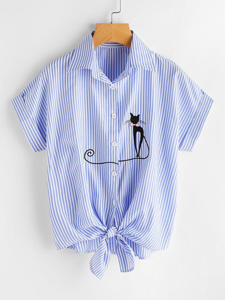 Romwe Vertical Striped Cat Embroidery Cuffed Shirt