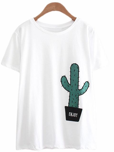 Romwe White Flocking Cactus Casual T-shirt