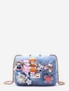 Romwe Flower Embellished Quilted Denim Box Chain Bag With Doll