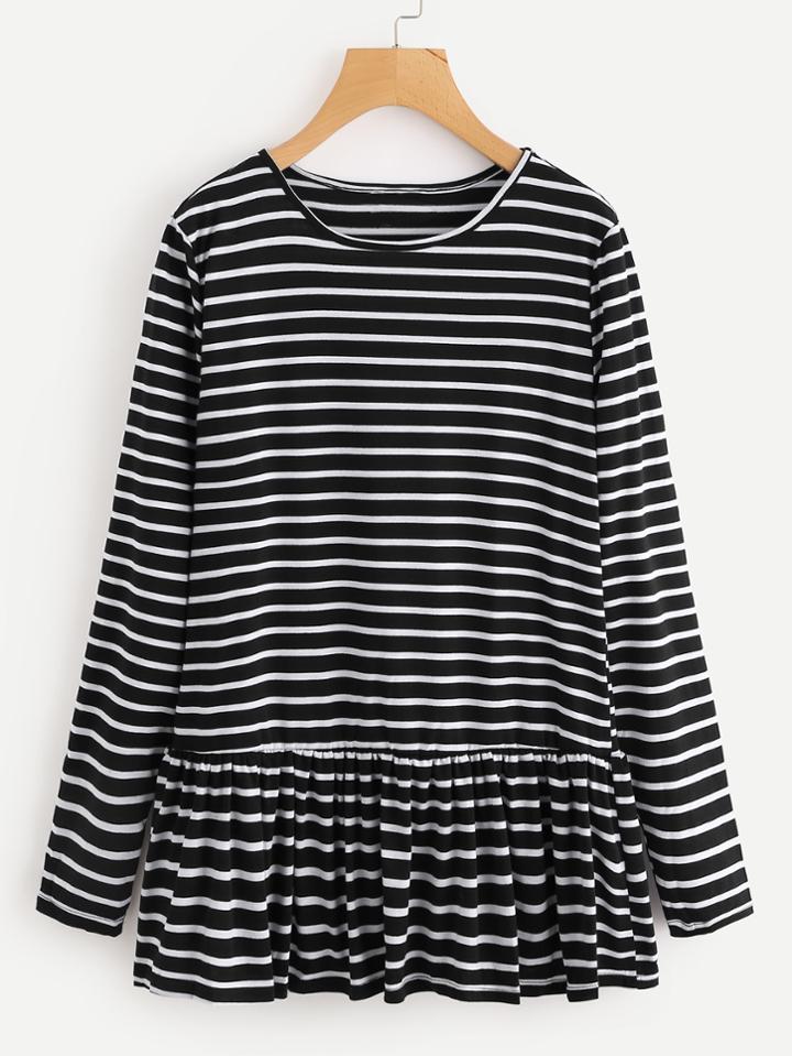 Romwe Striped Ruffle Hem T-shirt