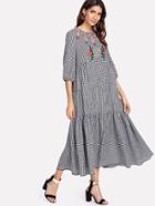 Romwe Symmetric Embroidered Tiered Gingham Hijab Long Dress
