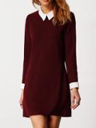 Romwe Burgundy Contrast Collar Long Sleeve Slim Dress