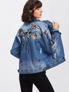 Romwe Botanical Print Distressed Denim Jacket